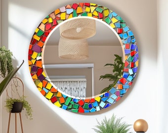 Tempered Glass Mirror Gift-Round Wall Mirror for Bathroom-Colorful Mosaic Mirror Wall Decor for Bedroom-Circle Bathroom Mirror for Vanities