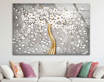 Tempered Glass Wall Art-Silver Tree Wall Art-Golden Floral Wall Decor-Glass Printing Art-White Tree wall Art-Tempered Glass Art