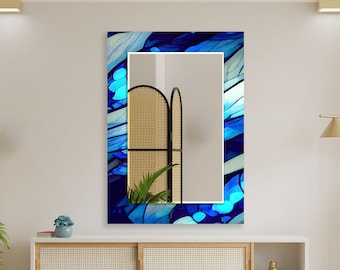 LED Lighted Bathroom Mirror-Handmade Blue Mirror-Illuminated Mirror-Tempered Glass Mirror-Makeup Hallway Led Mirrors for Bathroom