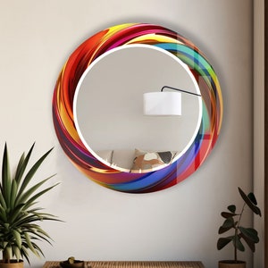 Handmade Tempered Glass Round Wall Mirror: Colorful Modern Art