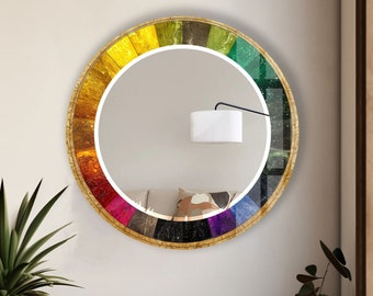 Tempered Glass Mirror Gift-Round Wall Mirror for Bathroom-Mosaic Mirror Wall Decor for Bedroom-Gold Circle Bathroom Mirror for Vanities