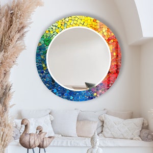 Tempered Glass Mirror Gift,Round Wall Mirror for Bathroom,Colorful Mosaic Mirror Wall Decor for Bedroom,Circle Bathroom Mirror for Vanities