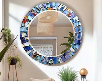 Tempered Glass Mirror-Round Wall Mirror for Bathroom-Stained Circle Mirror Wall Decor for Bedroom-Circle Bathroom Mirror-Mosaic mirror