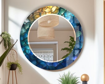 Tempered Glass Mirror Gift-Round Wall Mirror for Bathroom-Mosaic Mirror Wall Decor for Bedroom-Circle Bathroom Mirror for Vanities