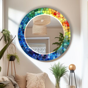 Tempered Glass Mirror Gift, Round Wall Mirror for Bathroom, Circle Mosaic Mirror Wall Decor for Bedroom, Circle Bathroom Mirror for Vanities
