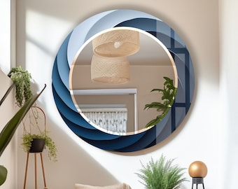 Tempered Glass Mirror Gift-Round Wall Mirror for Bathroom-Circle Blue Mirror Wall Decor for Bedroom-Circle Blue Bathroom Mirror for Vanities