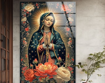 Virgin Mary Tempered Glass Wall Art: Floral Christian Decor