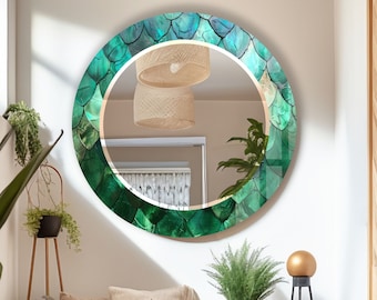 Tempered Glass Mirror Gift-Round Wall Mirror for Bathroom-Circle Mirror Wall Decor for Bedroom-Circle Green Stained Mirror for Vanities