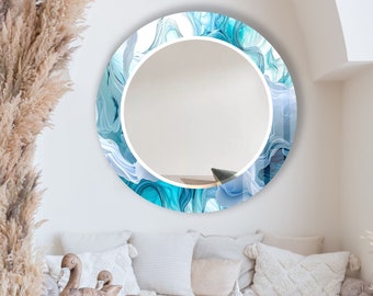 Tempered Glass Mirror Gift-Round Wall Mirror for Bathroom-Circle Blue Mirror Wall Decor for Bedroom-Circle Bathroom Mirror for Vanities