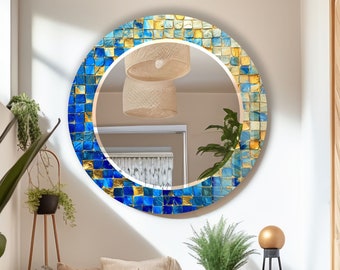 Miroir mural rond en mosaïque en verre trempé pour décoration de salle de bain - Miroir mural rond pour chambre à coucher - Miroir de salle de bain pour meuble-lavabo