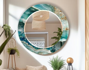 Miroir mural rond en verre trempé vert pour salle de bain - Miroir rond décoratif mural pour chambre à coucher - Miroir rond de salle de bain pour meuble-lavabo
