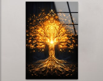 Golden Tree Tempered Glass Wall Art: Modern Home Decor