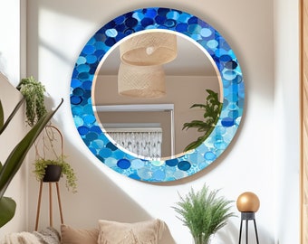 Spiegel aus gehärtetem Glas Geschenk-Blauer runder Wandspiegel für Badezimmer-Kreisspiegel Wanddekor für Schlafzimmer-Blauer Kreis Badezimmerspiegel für Eitelkeiten