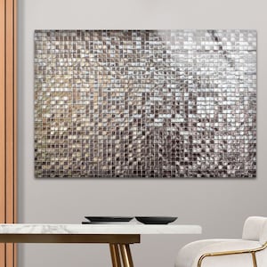 May include: A silver mosaic tile wall with a subtle pattern of squares. The tiles are arranged in a grid pattern and reflect light.