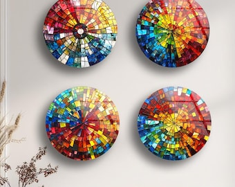 Round Tempered Glass Wall Art, Stained Glass Style, Set of 4 x10''