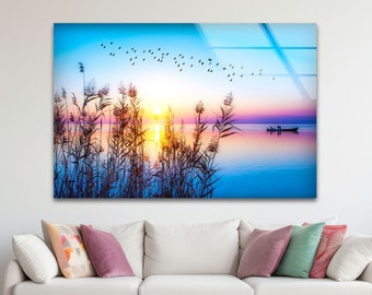 Tempered Glass Wall Art: Sunrise Lake View, Modern Wall Hanging