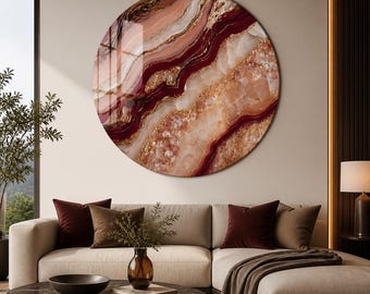 Burgundy Agate Glass Wall Art, Blush Rose Gold Geode Abstract Decor Gift for her, large wall art, Unique wall art, Tempered glass wall art