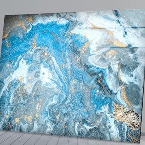 Arte de parede abstrata em vidro temperado azul e dourado: decoração moderna feita à mão