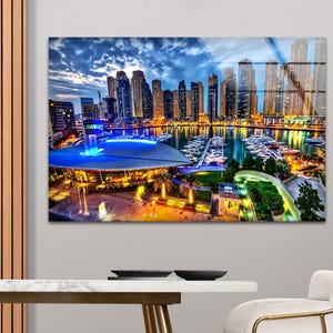 Dubai Cityscape Tempered Glass Wall Art: Modern Handmade Decor