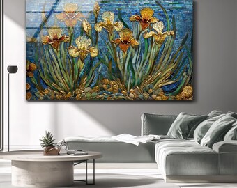 Decorazione murale in vetro mosaico Golden Iris – Stampa botanica blu su vetro temperato, decorazione floreale orizzontale per un elegante soggiorno o corridoio