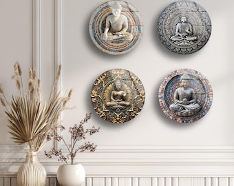 Buddha Tempered Glass Wall Art, set of 4 Round glass Prints decor