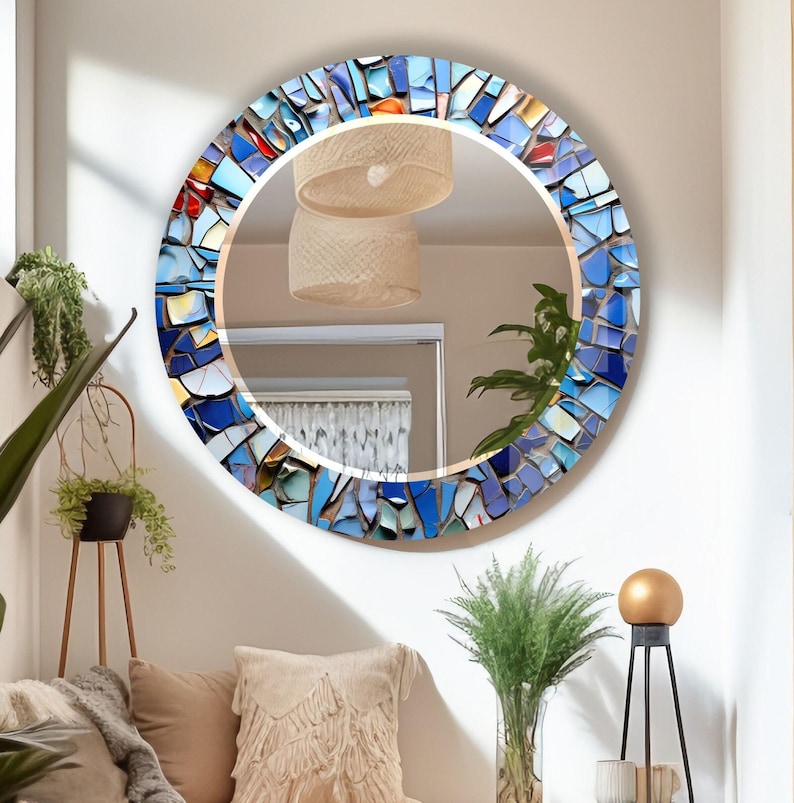Handgemaakte cirkelvormige mozaïekspiegel: wanddecoratie van gehard glas afbeelding 1