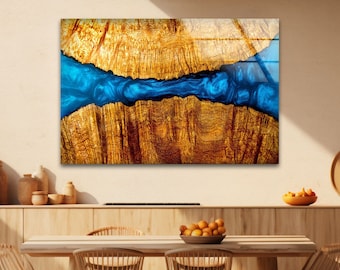 Handmade Tempered Glass Wall Art: Blue Resin Epoxy Wood Decor