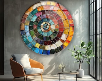 Decorazione murale in vetro rotondo con effetto mosaico a spirale, stampa su vetro temperato con cerchi colorati