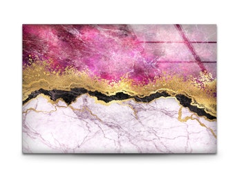 Pink Marble Abstract Tempered Glass Wall Art: Golden Ink Decor