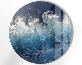 Handmade Sea Wave Tempered Glass Wall Art: Round Coastal Decor