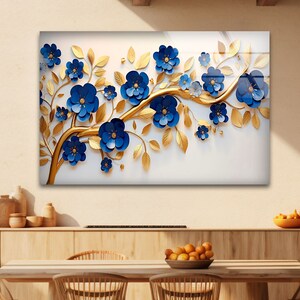 Blue Floral Tempered Glass Wall Art: Modern Flower Decor