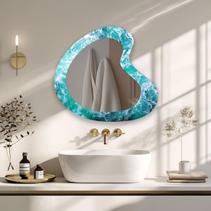 Blue Tempered Glass Asymmetrical Wall Mirror: Modern Decorative Mirror