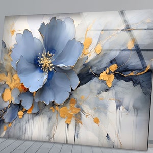 Blue Flower Wall Art,Tempered Glass Wall Art,Blue Floral Wall Decor,Glass Printing Art,Wall Hangings,Tempered Glass Art,Blue Flower Art