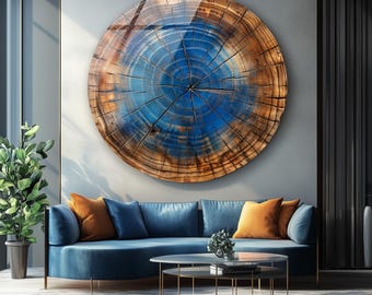 Arte murale in vetro temperato con anelli di albero blu, motivo in legno rustico