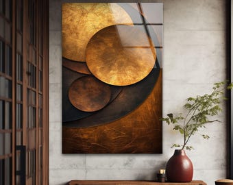 Golden Abstract Circles Glass Wall Art: Luxury Geometric Glass Print