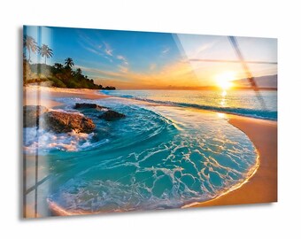Tropical Beach Sunset Glass Wall Art, Turquoise Ocean Coastal Decor, Tropical Sunset Beach Tempered Glass Wall Art, Coastal Landscape Art