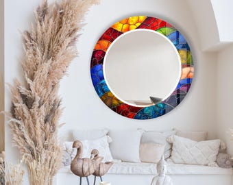 手作り強化ガラス製ラウンドミラー：ステンドグラス風壁飾り - Etsy 日本