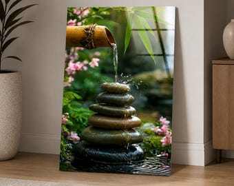 Zen Stone Fountain Glass Wall Art, Bamboo Waterfall and Pink Flowers, Vertical Oversized Tempered Glass Wall Art, Spa Bathroom Decor