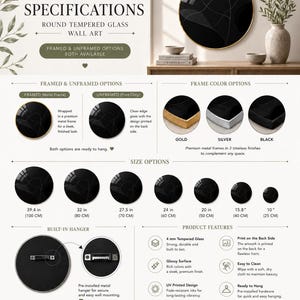 The image is a detailed specifications and product information for a round, framed, and unframed glass wall art. It provides information on the different frame colors, sizes, and built-in hanger features, as well as the type of glass used. The image is not a collage of multiple images, but rather a single, comprehensive description of the product.