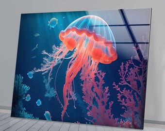Cuadro de medusas en cristal templado para pared: decoración moderna para el hogar.