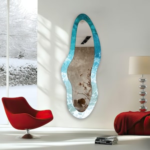 Blue Tempered Glass Asymmetrical Full Length Mirror: Modern Wall Decor