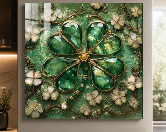 Emerald Dragonfly Tempered Glass Wall Art, Horizontal Art Nouveau Style Mosaic with Gold and Ivory Floral Details