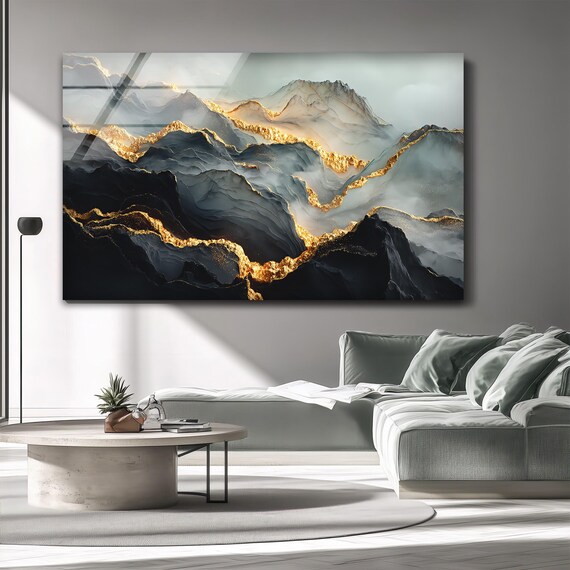 Golden Ridge Glass Wall Art: Abstract Mountain Landscape, Modern