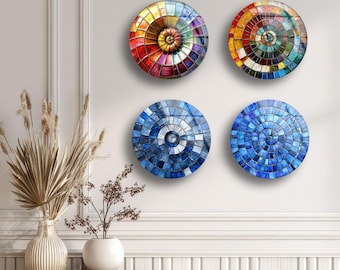 4 pieces Tempered Glass Wall Art Set, Round Stained-Glass Style Prints