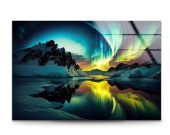 Aurora Borealis Tempered Glass Wall Art, Northern Lights Landscape Glass Print