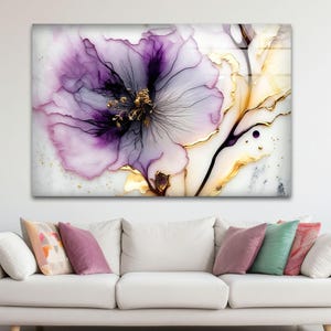 Arte mural en vidrio templado con tinta de alcohol floral: Decoración para el hogar en tonos violeta púrpura