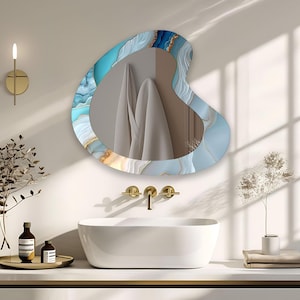 Asymmetrical Tempered Glass Wall Mirror: Blue Decorative Design