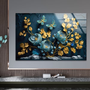 Blue Floral Tempered Glass Wall Art: Handmade Flower Decor