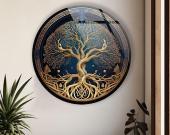 Tempered Glass Wall Art,Mandala Wall Art,Life of tree decor,Glass Printing,Round Wall Art,Wall Hangings,Tempered Glass Art,Gold Tree Decor