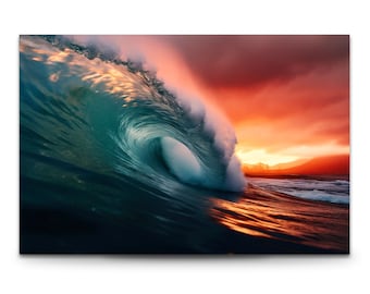 Ocean Wave Glass Wall Art , Sunset Surf Photography , Coastal Beach Decor